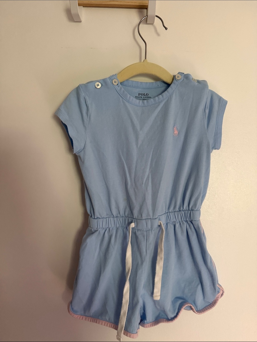 Polo by Ralph Lauren Light Blue Girls' Cotton Romper with Pink Logo Trim